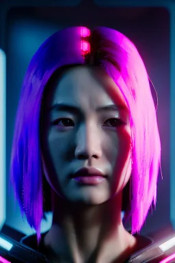 Blade runner portrait, Asian cyber woman:: symmetry photography, cyberpunk, pink hair, makeup, long line eye, light iris, :: latex coat :: cinematic, Ultra realistic, dark scene, soft color, highly detailed, unreal engine 5, RTX, ultra detail, 3d, finely drawn, high definition.