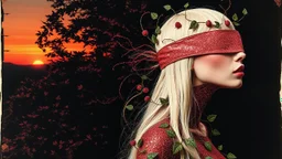 Abstract Art, Collage, Thomas Ligotti, Mannequin World, In Space They Can't Hear You Scream, Dave McKean, Inspired by Zdzislaw Beksinski's Nightmarish Paintings, Wassily Kandinsky, Double Exposure, Sunset, Gnostic Tragedy, Sinister, Woman, Long White Hair, Made of Glitter Texture, Blush, Blindfolded, Vine Design, Raspberry, Surreal, Futuristic, Black Open Background, Peach Skin, Leafy Textures, Shiny Plastic, Organic Aesthetics, Rose Red Tint, Green Leaves, Alien Design, Mutant Structure, Red Mo