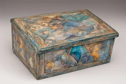 a box for storing things with beautiful drawings a lot of colours, detailed, angles, minerals, heaven,