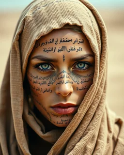 Dune Movie. fullbody woman deep blue eyes wearing a robe or cloth that covers her head and upper body. The cloth appears rough and has a texture similar to coarse woven cloth. The color of the cloth is light brown or cream with a pattern that is not very clear. The woman's face is tattooed with ancient messianic arabic text script verses.