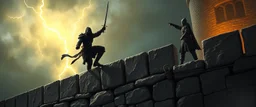 d&d professional ninja thief climbing a wall during lightening, seen by guard pointing on top of castle wall