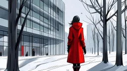 A digital artwork shows a woman standing outside a modern building in a snowy landscape. The woman, seen from the back, is wearing a bright red, knee-length coat with a hood, black leggings, and black boots. She is positioned to the right of the frame, near a bare tree covered in snow. The building behind her features a large glass facade." The glass is divided into a grid pattern by light blue frames. The building has a flat roof and a modern design, with a red door visible on the side. The gro
