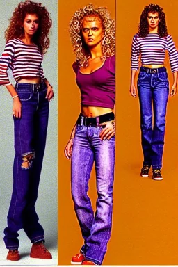 year 1996 denim fashion. Loose fit, "combat pants" with low waist, baggy, Combat pants and t-shirt. Colors: denim blue, blue, purple, khaki, light green, lilac, plum, orange, terracotta, red, pink, dark blue, beige. Women models. Patterns: cheetah, balls, stripes.Jennifer Lopez, Gwyneth Paltrow, . Big tennis shoes on. Cargo pants. leg warmer