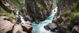 sentier naturel dans la falaise vertigineuse d'un canyon karstique très étroit surplombant une rivière avec des rapides dangereux