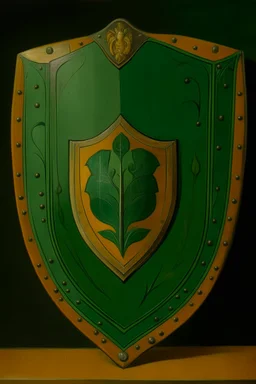 A green shield made out of wood painted by Henri Rousseau