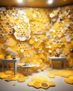 virtual studio, photo wallpaper with honeycombs, a beautiful yellow background, false windows and bright pseudo-lights and spots on the walls, display shelves for products, illuminated hexagons