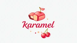 A round logo named (karamel) designed for a candy store with a red and pink gold color theme on a white background and the use of cream and chocolate candy symbols and a few cherries hanging from the side of the logo in the design