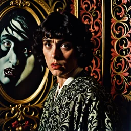 Strong texture, photorealism, Caravaggio. Intricate patterns, hypermaximalist. Surreal, eerily mysterious, pastel colors. Italian horror, Dario Argento. Movie shot, spooky horror. 1970's Italian art. 33mm photography.