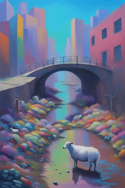 painting of a cyberpunk colourful natural walkway rubbish on the street in the city with pollution and a small bridge by a creek with electric sheep and androids by monet