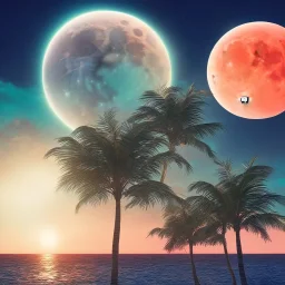 1980's vaporwave aesthetic palm trees with lightning with lunar eclipse moon crescent in the ocean waves sunset