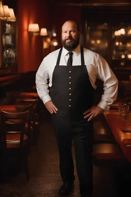 half figure shot photography of a 42 years old serious sicilian waiter in uniform, similar to Bud Spencer, shaved hair, muscular bearded strong chubby man with hands in the pockets, in an elegant empty restaurant, bulge, bullneck, manly chest, unshaved, short hair, photorealistic, dim light , side light, view from the ground