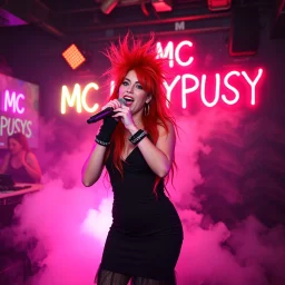 A MC performing at dance club, her name MC FLAPYPUSY and looks crazy, crazy red hair with black dress. Neon lights and smog, MC FLAPYPUSY SIGN ON WALL