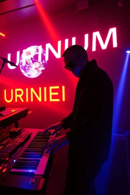 French cool synth player, he is called "Jean-Maurice Brûlée" performing at dance club, his name is "Jean-Maurice Brûlée" , white and orange Neon lights and oraNGE smog, and "URINIUM" big sign on the wall, he is playing on synthesizers on stage with lot of laser beams and wearing black sunglasses, an earth is projected in background
