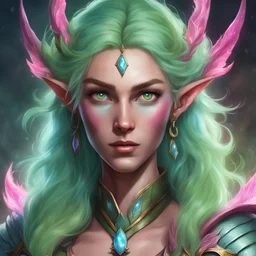 Generate a dungeons and dragons character portrait of the face of a female spring Eladrin. She is a sorcerer with powerful magic who's is dedicated to protecting magical creatures. She looks fierce and has freckles. She wears . Her hair is light green and voluminous, her skin is light green blue Her eyes are a hot bright pink