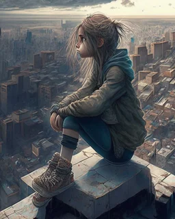 “ girl sitting on a roof looking down at a city below, extremely detailed