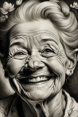 drawing, portrait,Flowers , wrinkles, features, smiling, white, lead, charcoal,drawing with pencil