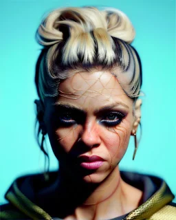 portrait, Shakira, blonde artist, angry, Realistic image, MMA robe, hoodie, mma gloves, fight pose, make-up make-up, gold line make-up, sweat, fog, goddess style, Neon colors, leds. Black background, photo studio, concept art, smooth, unreal engine 5, god lights, ray tracing, RTX, lumen lighting, ultra detail, volumetric lighting, 3d, finely drawn, high definition, 4k.