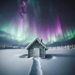 analog film minimal liminal icy a frame dimly lit cabin front elevation squared off and centered with icy trees behind and brilliant purple green aurora borealis - foreground is simple snowy field