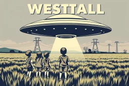 bumper sticker design, westall large flat ufo, in bold heading text "WESTALL 1966", lots of school children looking up in a field with high voltage powerline and gumtree's, mysterious cool, bold