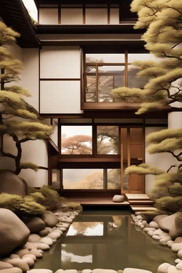 A (serene) house in the style of (Japanese Zen) with an (elegant) mood and a (view).