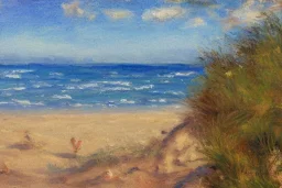 Impressionist painting of a summer day at the beach looking out at the ocean