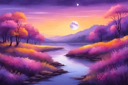 Landscape with river, bright colors, subset, purple, yellow, pink, pretty, purple flower trees, moon