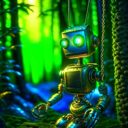 portrait of a cute 90s chat robot swinging in a rope in an underground grove, in the style of dali, 8k, down-light, soft light, depth of field, photo realism, trending on art station, high detail