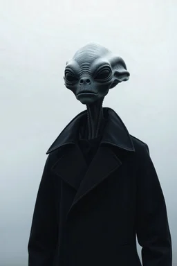 an Alien in a black trench-coat