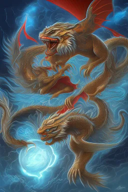 A flying tiger with wings is fighting with a dragon.