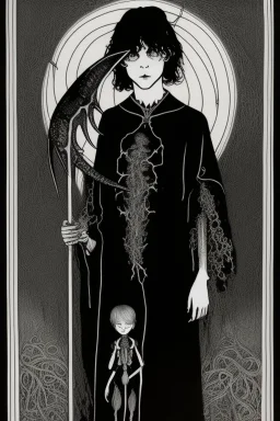 7 year old boy, necromancer, friendly, looks dead,with a long lamprey emerging from his belly , wearing black robes, in the style of Harry Clarke