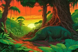 lush dense jungle, sunset, alien animal sleeping on tree root by moebius