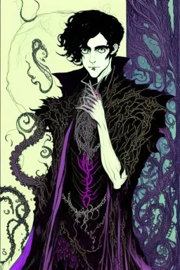 black haired young man necromancer wizard with gothic jewelry and tentacle fingers in the style of Harry Clarke