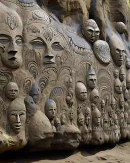 A grayish brown cliff with fossils designed in African masks painted by the Limbourg brothers