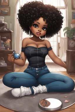 Create a furturism magna art of a black chibi curvy female sitting on the floor looking at herself in a hand mirror. She is wearing tight blue jeans and a black off the shoulder blouse. Prominent make up with lush lashes. Highly detailed tight curly afro. She is also wearing silver large hoop earringsart of a black chibi curvy female sitting on the floor looking at her cell phone. She is wearing tight blue jeans and a black off the shoulder blouse. Prominent make up with lush lashes.