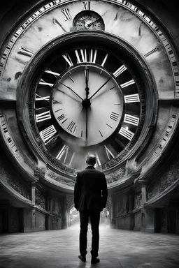 Concept photo, artistic photo, black and white, man in search of meaning, big clock