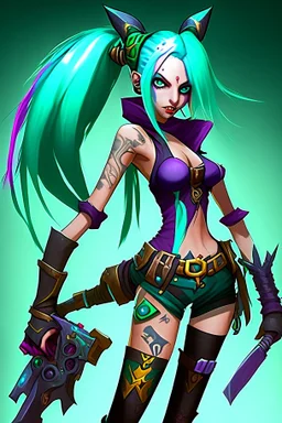 Jinx is a fictional character from the video game "League of Legends." She is typically depicted with long, blue hair and green eyes, and wears a stylish and revealing outfit that resembles a classic magicians' costume. Jinx is often armed with a variety of weapons such as swords, explosive devices, and sharp throwing stars which she uses to fight her enemies in battle. Her chaotic and unpredictable nature is reflected in her maniacal laughing and energetic movements.