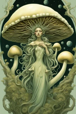 Beautiful portrait rococo mushroom fairy, detailed eyes, realistic features, hq, fungi, celestial, moon, galaxy, stars, by Salvador Dalí, giger, Hieronymus Bosch, victo ngai, fungi, celestial, Ryan Hewett