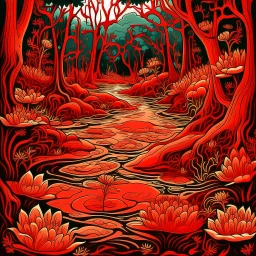 A red swamp with fiery lilies designed in Mehndi design painted by MC Escher
