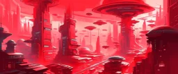 A light red futuristic city with UFOs in Impressionism art style