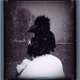 black puff ball of fluff raven crow corvid in the snow vintage polaroid