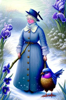 Friendly witch, playing with hens, perfect iris, pastel colours, snow, style Beatrix Potter