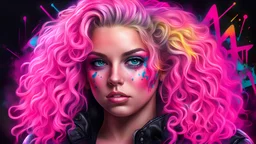 Hyper realistic curvy and confident, caucasian girl looks like Britney Spears, She is wearing neon pink and black punk style , Her hair long , curls , neon Splatters , graffiti background , Neon bright colors, sharp focus ,detailed ,photorealistic.colorful lights