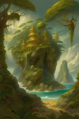 intricate details greg rutkowski style tom Asher Brown Durand style style fantasy tropical island