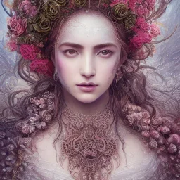 Insanely detailed photograph of an “portrait of gorgeous Greek goddess ” with intricate hair, intricate embroidered dress, beautiful clear face and hyperdetailed painting by Ismail Inceoglu Huang Guangjian and Dan Witz CGSociety ZBrush Central fantasy art album cover art,8K, hdr, romantic, mysterious, ominous, flowers, jewelry, comfort, natural eyes, "arms open for embrace"