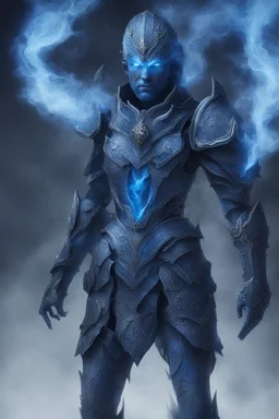 blue smoke in a shape of humanoid and a colour of a storm wearing a scalemail armor