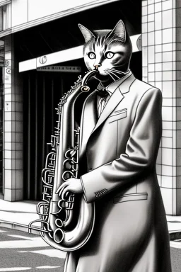 One single mature cat playing saxophone on the street, swinging dress, Osaka, thoughtful, mourning, model style, hyper realistic, extremely accurate, delicate, extremely detailed, Graphic novel style, wide-angle, open aperture, superfine pencil