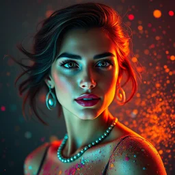 Beautiful amazing phantastic woman world fashion supermodel Hollywood superstar, retro dots, orbs, colorful splash, magic lighting, paint powder explosion, cinematic atmosphere, 8k resolution, molecules structure, atoms under microscope, nature macro, sacred geometry, galaxies, planets, cosmic future, heavenly mood