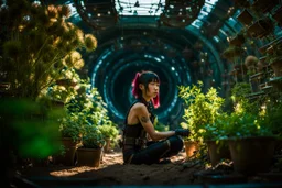 Unground underpunk and solarpunk tunnels, cinematic, extreme dof, dystopian, sci-fi, award-winning, Yui working hard in a garden, National Geographic, breath taking, oxygen farm but outside is a desert, fantasy, magical, geometry