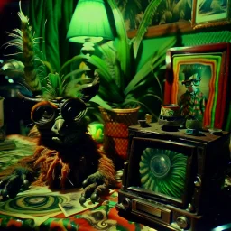 Close-up polaroid of ultra realistic odd monster, part man, part plant, and part animal in a living-room, vivid, ultra realistic, Egon Schiele, hypermaximalist figures, light, Italian 1970's odd movie, hilarious, fine art, Minicavio Quollati style, photography by Marlost Endgulp, dark atmosphere, obsessive, 4k, sharp focus, 3d, photorealism