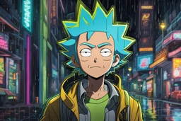 Morty in anime drawing style, close picture, rain, neon, intricate details, highly detailed, high details, detailed portrait, masterpiece,ultra detailed, ultra quality